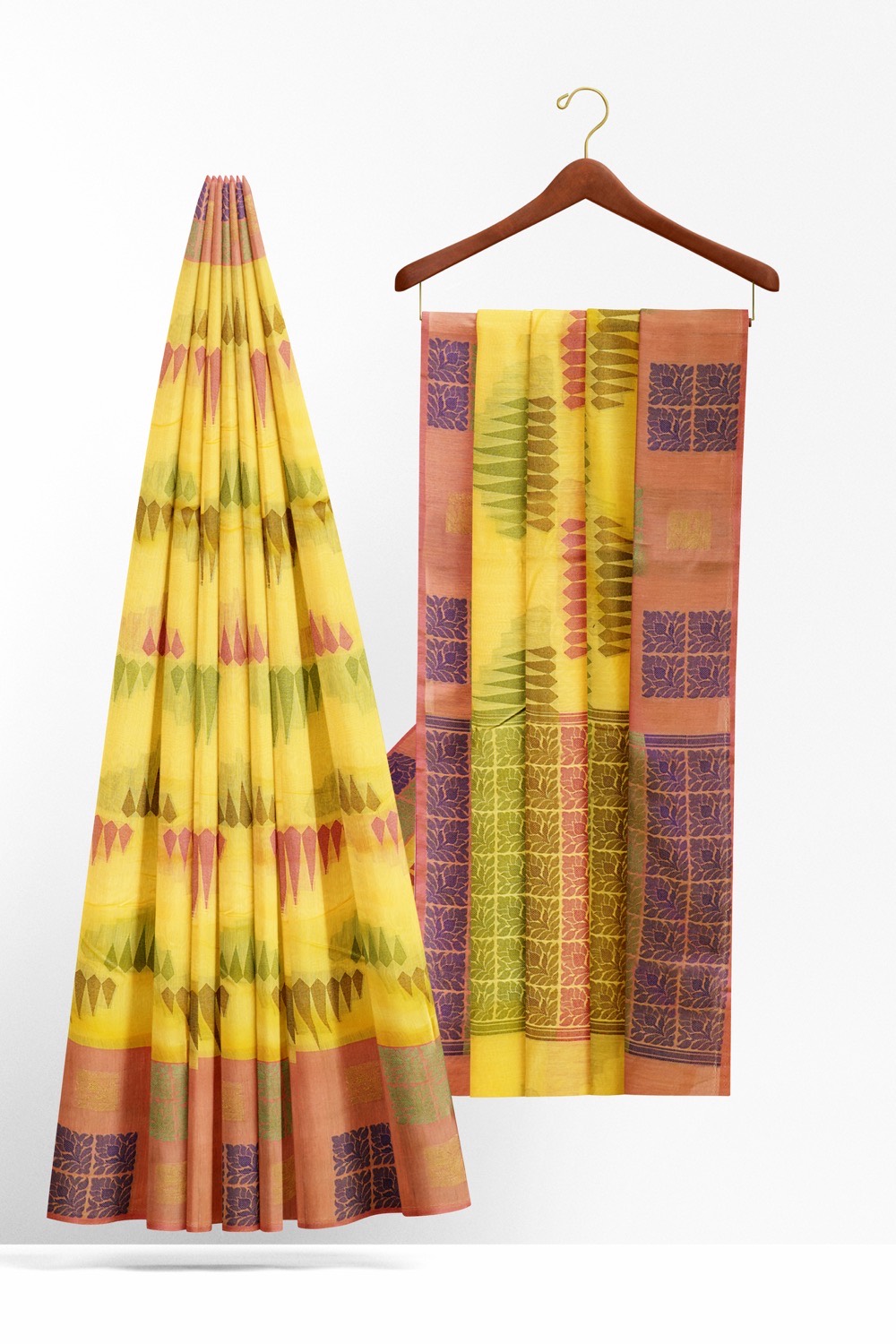 sri kumaran stores chentheri cotton saree yellow saree with light pink border 2