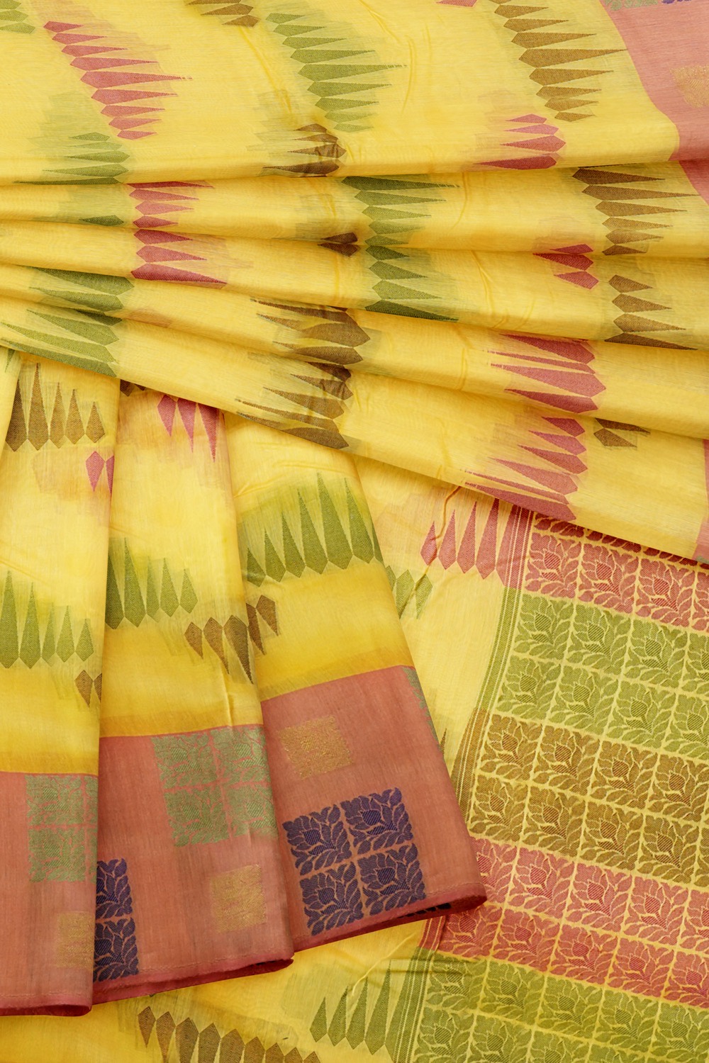sri kumaran stores chentheri cotton saree yellow saree with light pink border 4