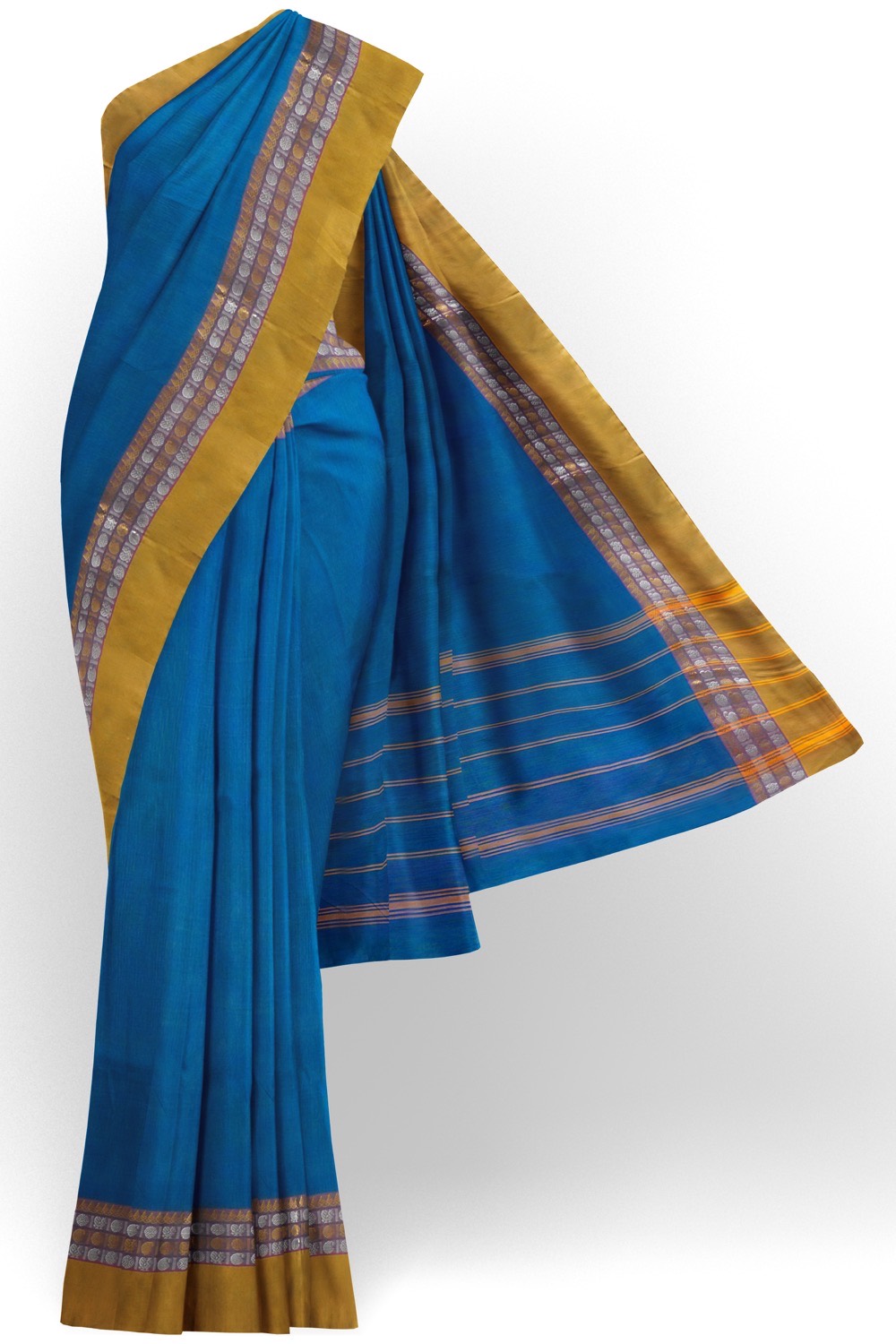 sri kumaran stores chettinad cotton saree blue saree with golden yellow border 120221213