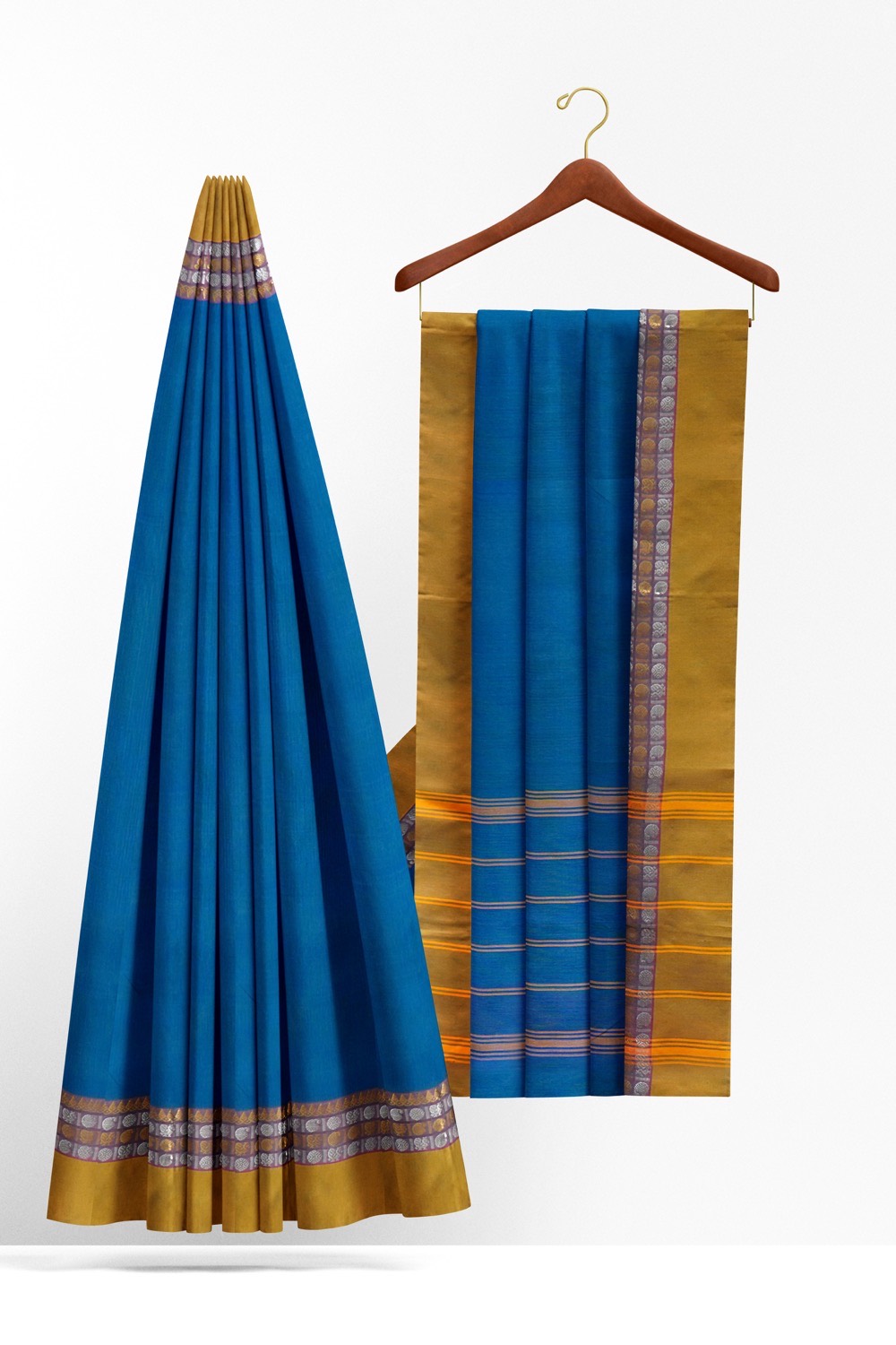 sri kumaran stores chettinad cotton saree blue saree with golden yellow border 220221213