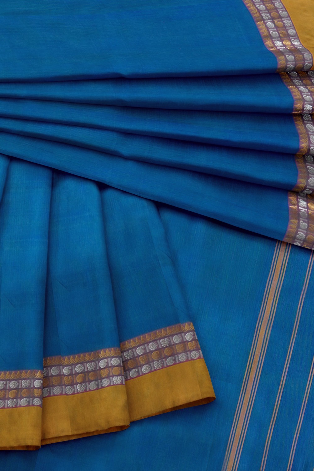 sri kumaran stores chettinad cotton saree blue saree with golden yellow border 420221213