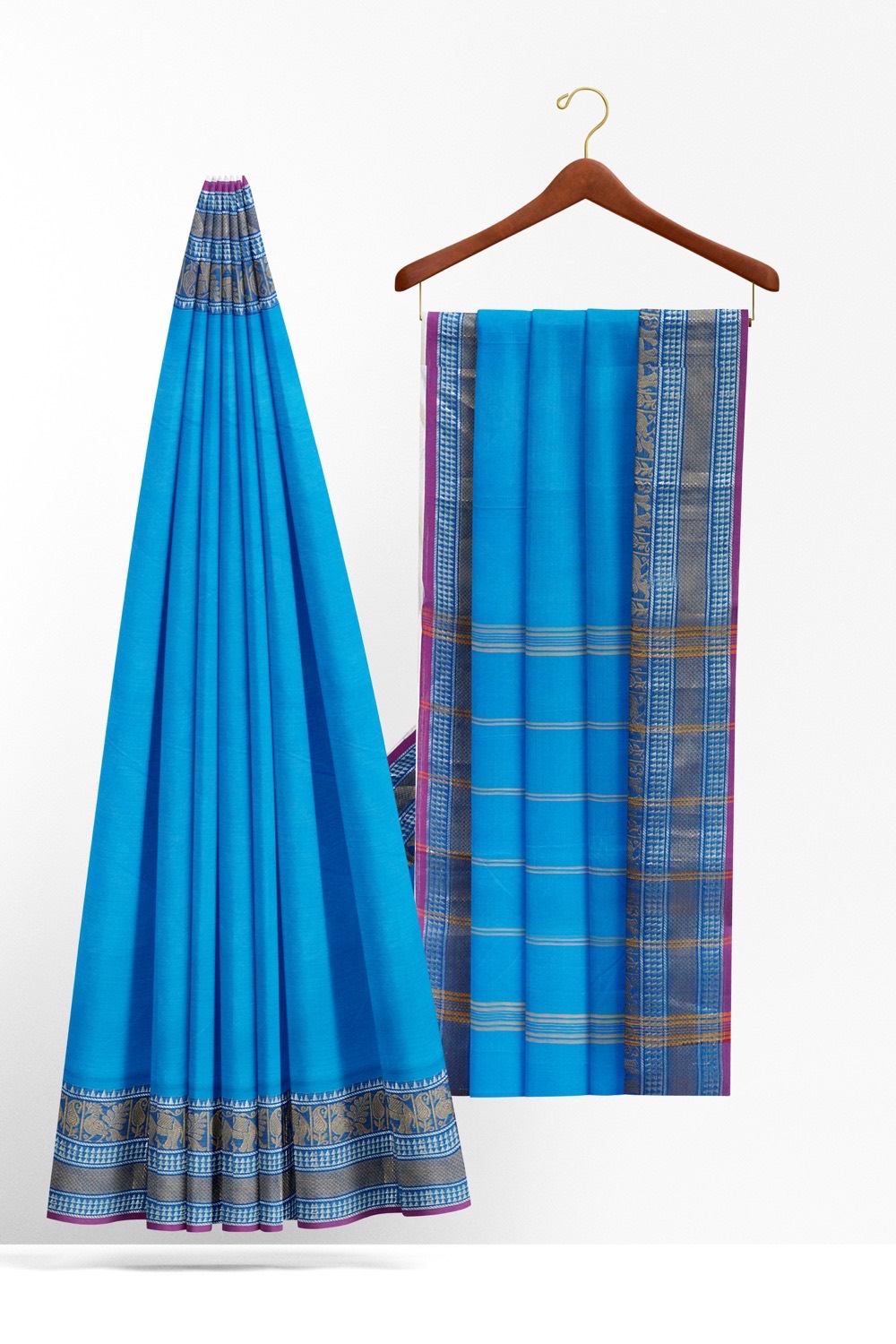 sri kumaran stores chettinad cotton saree blue saree with zari border 220221213