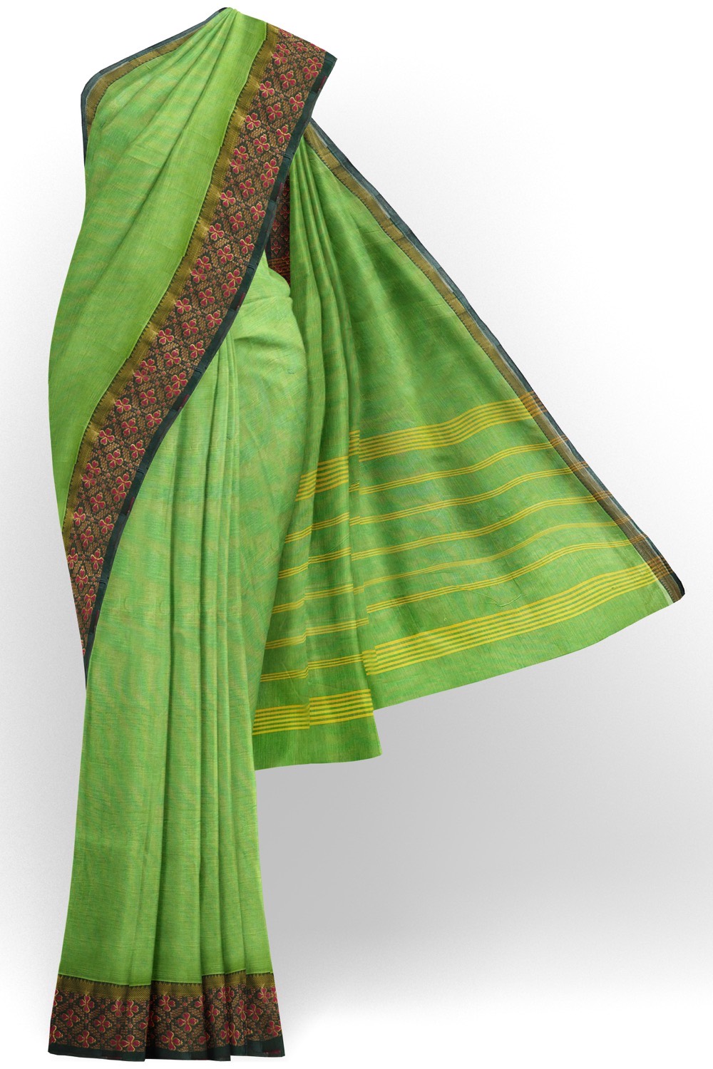 sri kumaran stores chettinad cotton saree green saree with pink flower border 120221213