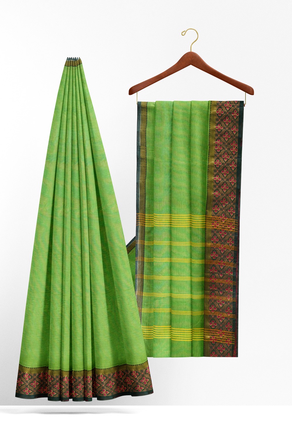 sri kumaran stores chettinad cotton saree green saree with pink flower border 220221213