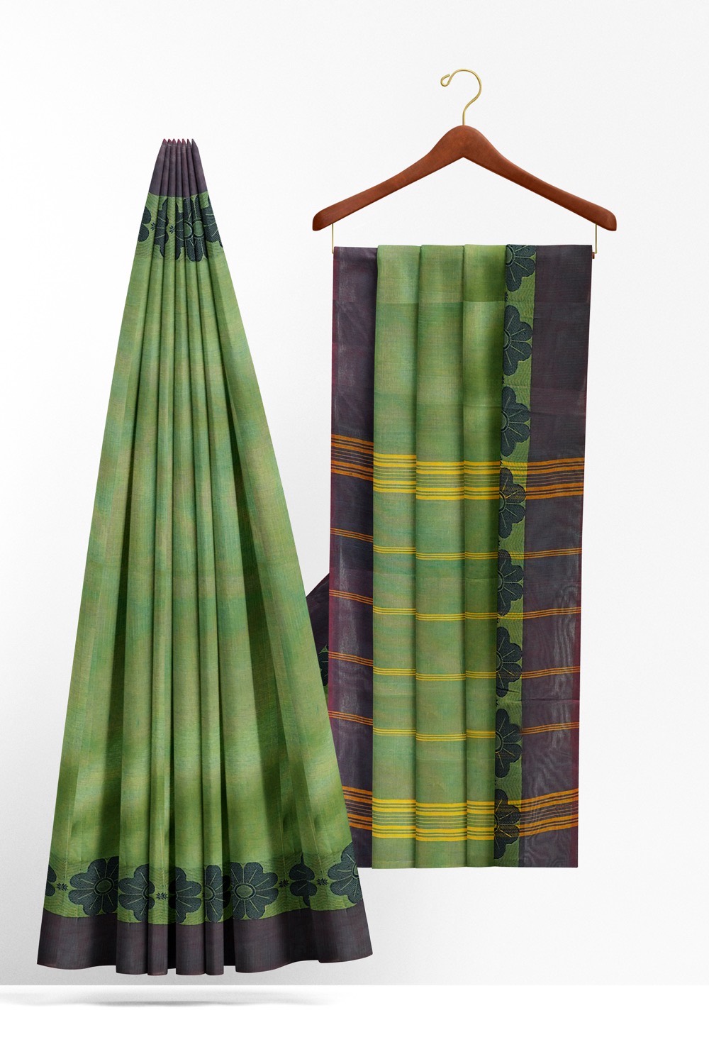 sri kumaran stores chettinad cotton saree green saree with purple border 220221213