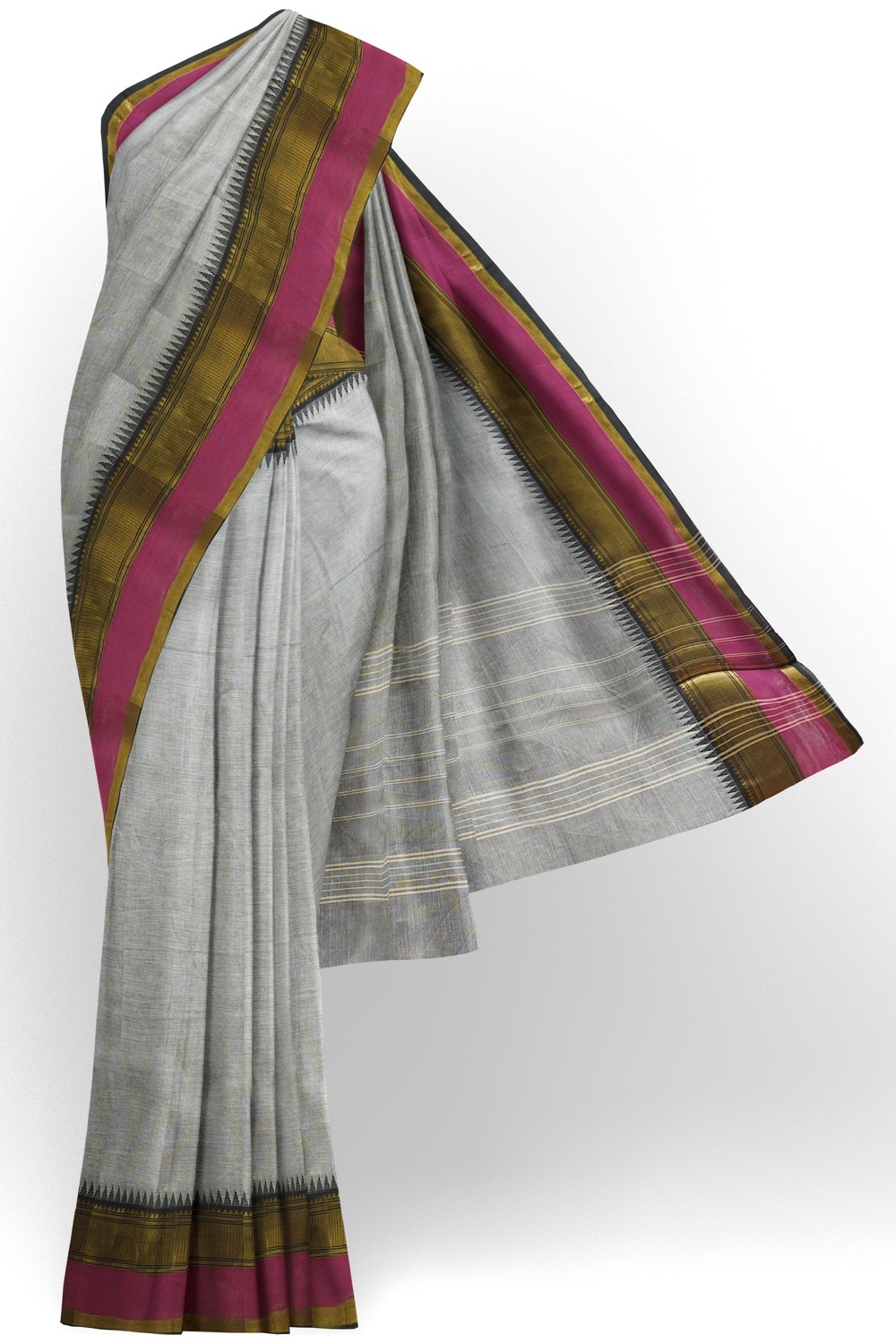 sri kumaran stores chettinad cotton saree grey saree with black and pink zari border 120221213