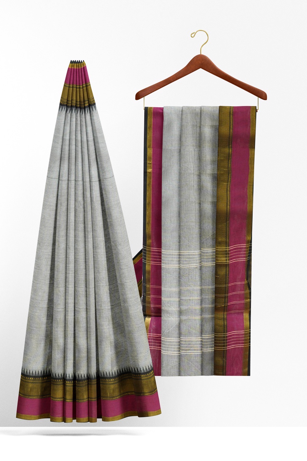 sri kumaran stores chettinad cotton saree grey saree with black and pink zari border 220221213