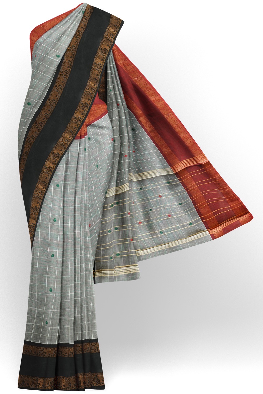 sri kumaran stores chettinad cotton saree grey saree with black and red double side border 120221213