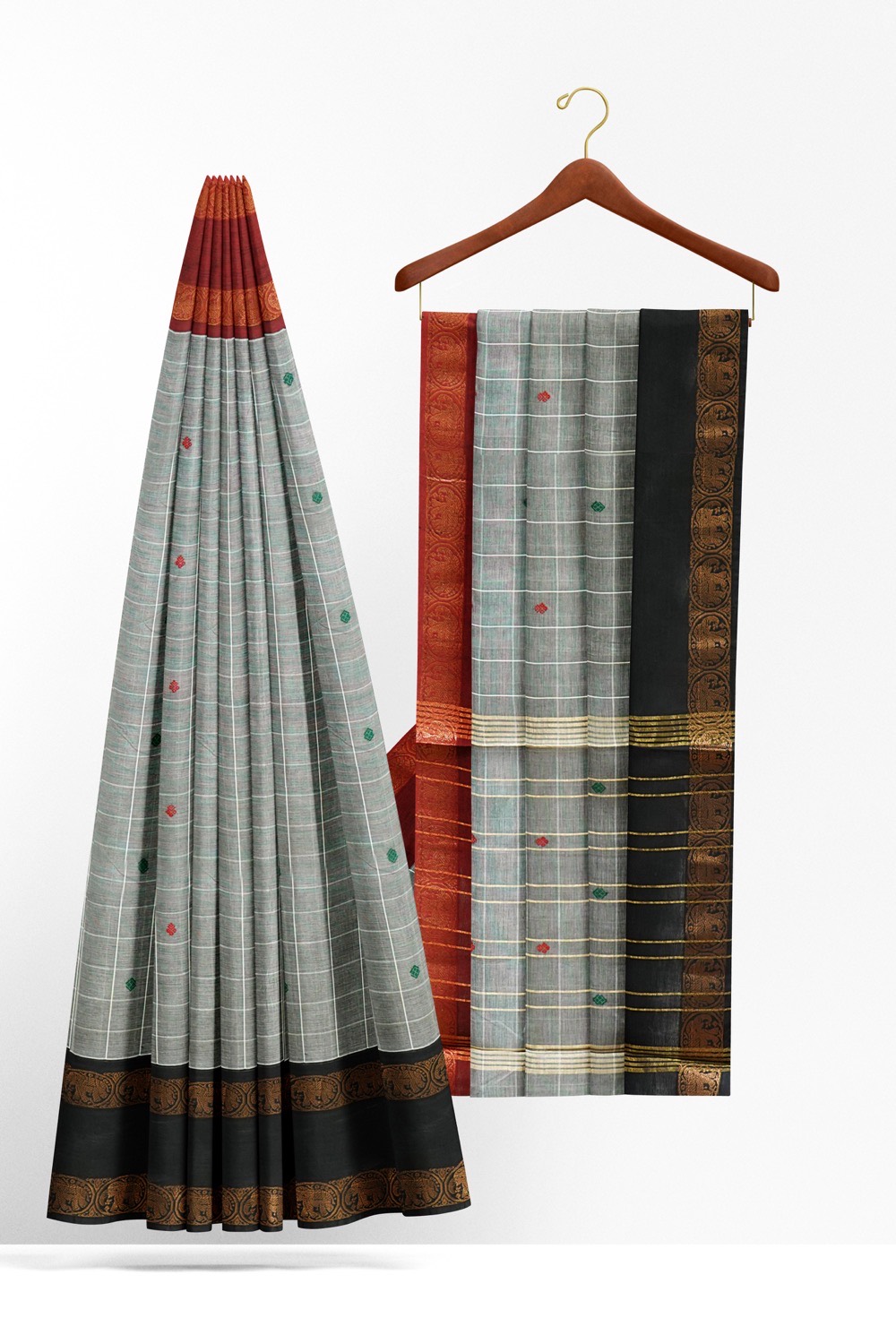 sri kumaran stores chettinad cotton saree grey saree with black and red double side border 220221213