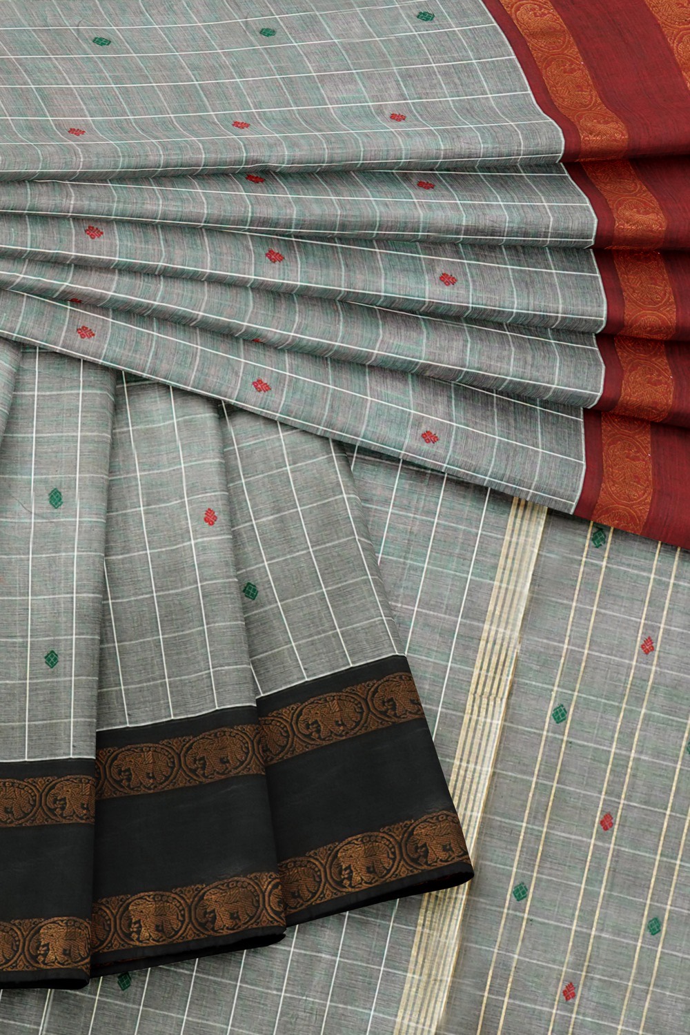 sri kumaran stores chettinad cotton saree grey saree with black and red double side border 420221213