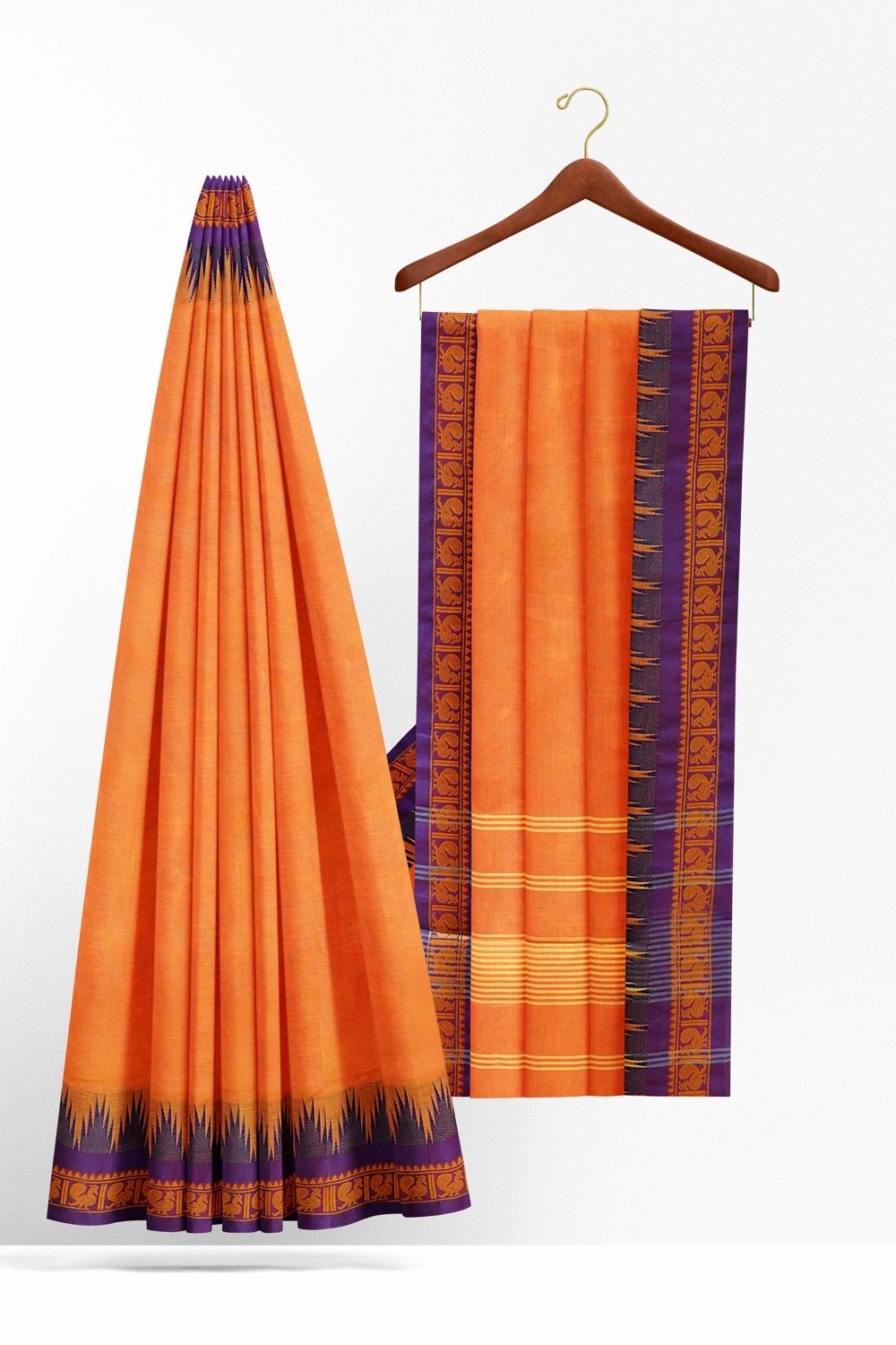 sri kumaran stores chettinad cotton saree orange saree with violet border 220221213