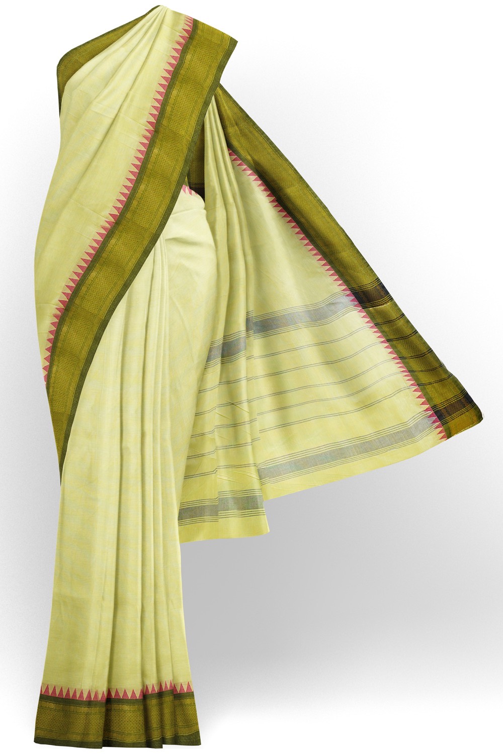 sri kumaran stores chettinad cotton saree pale yellow saree with green border 120221213