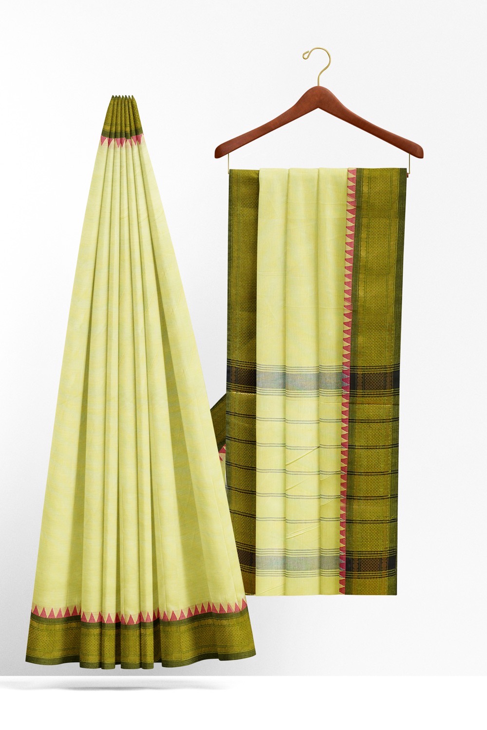sri kumaran stores chettinad cotton saree pale yellow saree with green border 220221213