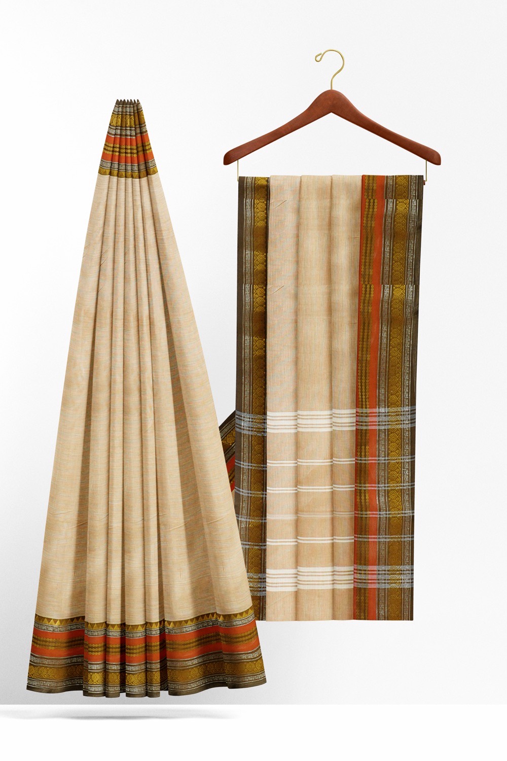 sri kumaran stores chettinad cotton saree peach color saree with zari border 220221213