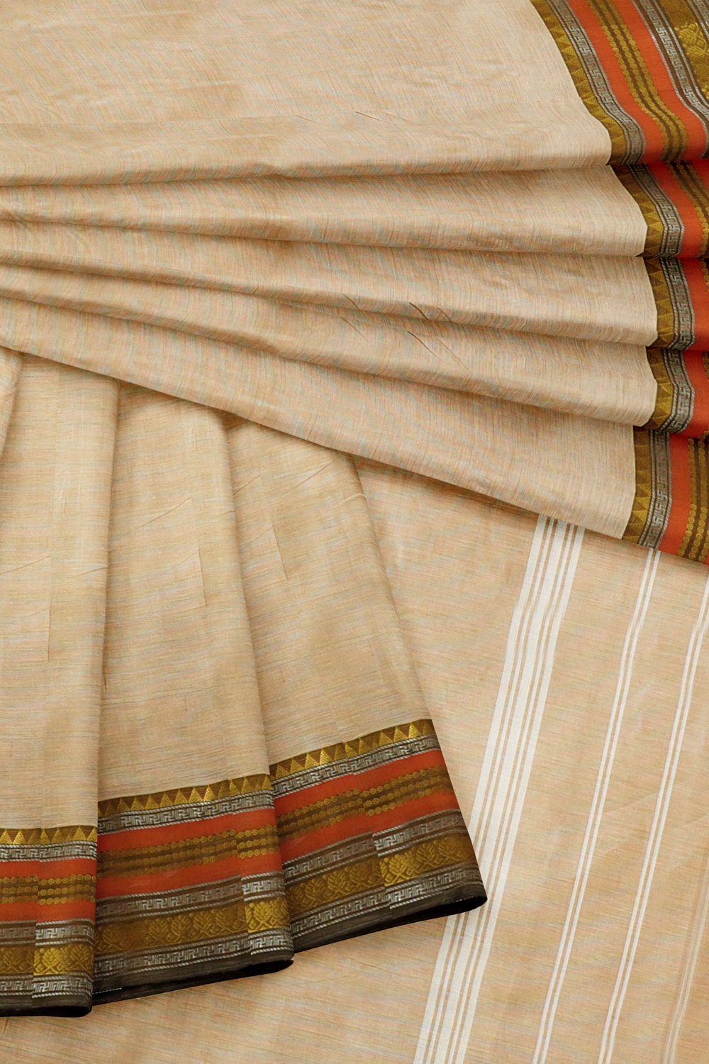 sri kumaran stores chettinad cotton saree peach color saree with zari border 420221213