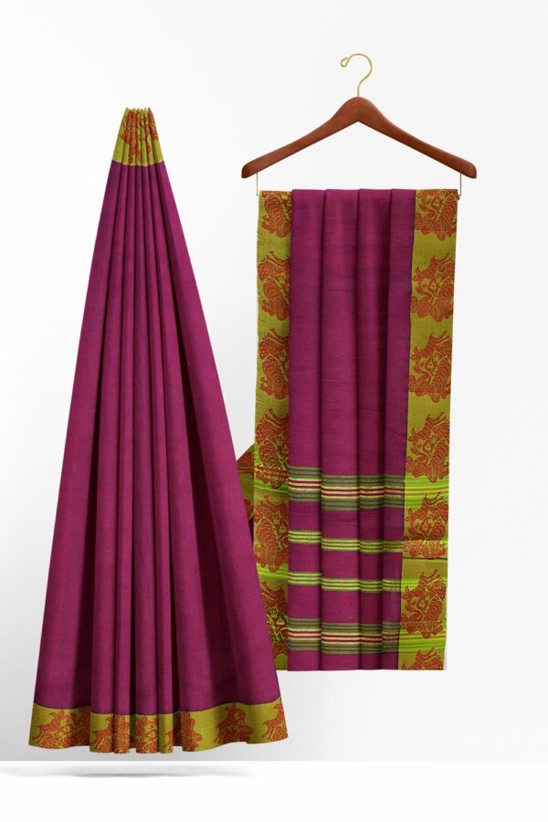 sri kumaran stores chettinad cotton saree purple saree with green border 220221213