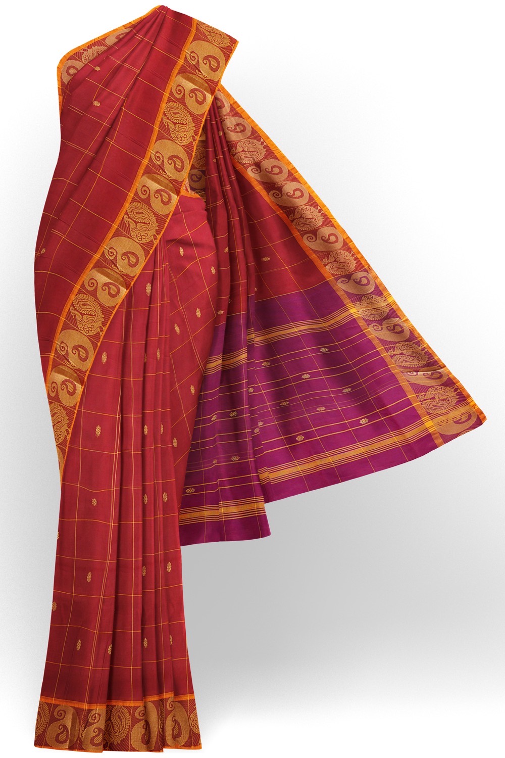 sri kumaran stores chettinad cotton saree red and pink checked saree with mango border 120221213