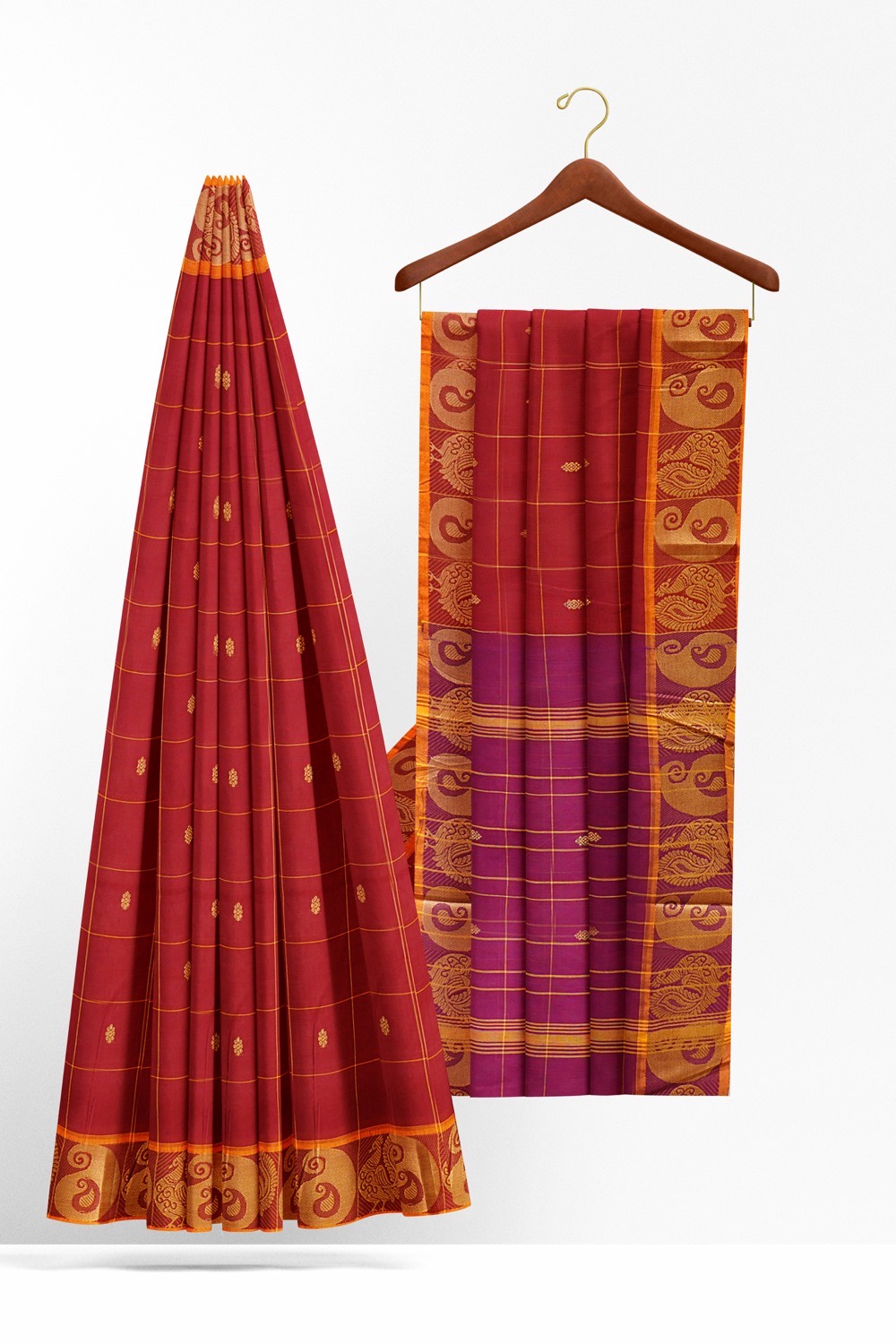 sri kumaran stores chettinad cotton saree red and pink checked saree with mango border 220221213