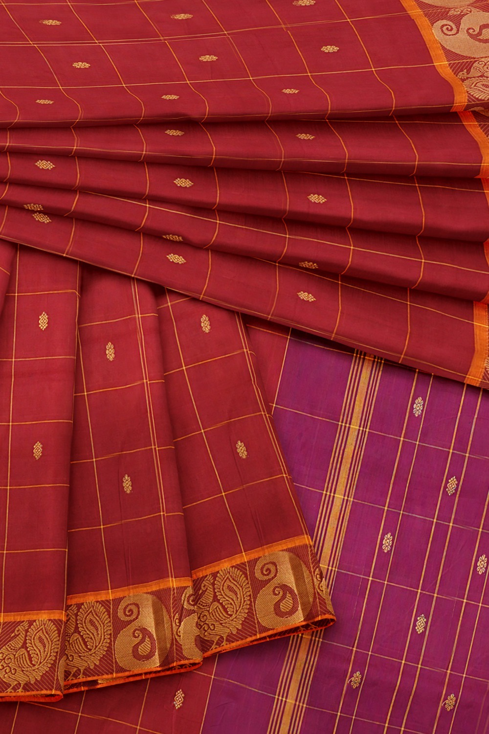 sri kumaran stores chettinad cotton saree red and pink checked saree with mango border 420221213