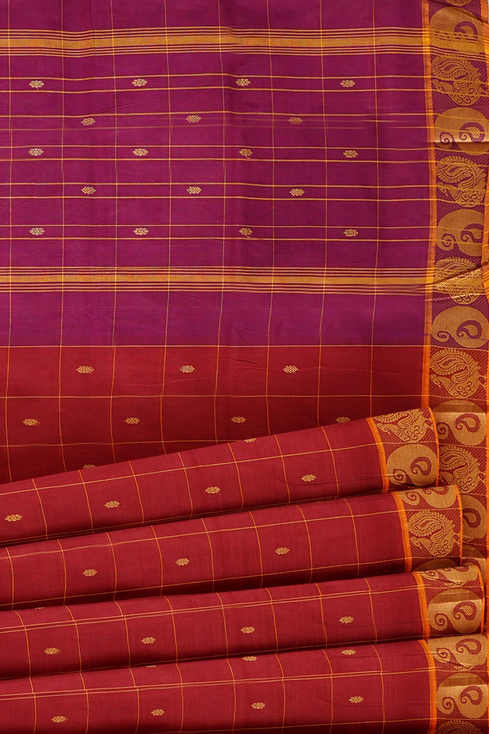 sri kumaran stores chettinad cotton saree red and pink checked saree with mango border 520221213