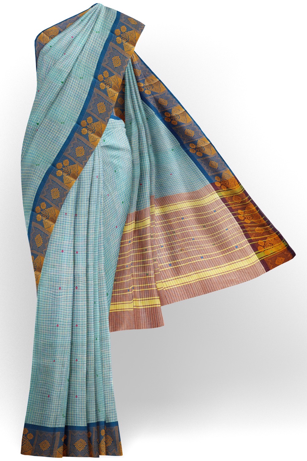 sri kumaran stores chettinad cotton saree sky blue small checked saree with dark blue border 120221213