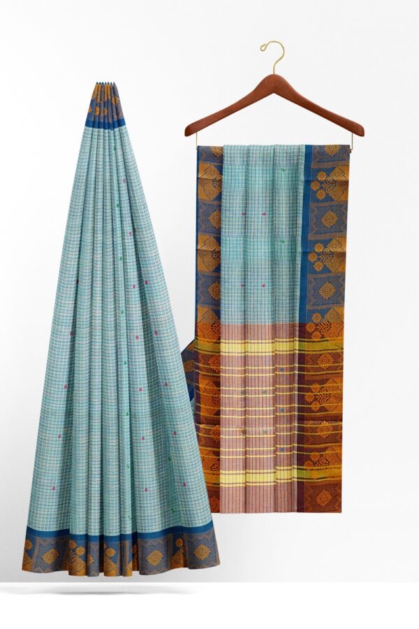 sri kumaran stores chettinad cotton saree sky blue small checked saree with dark blue border 220221213