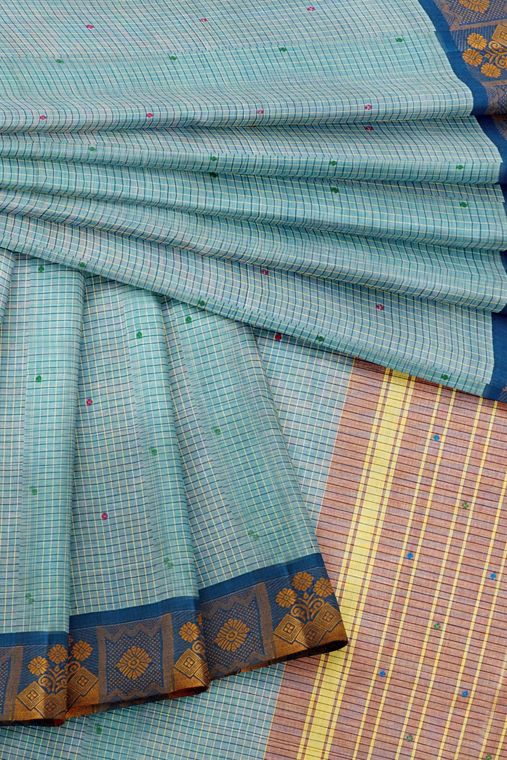 sri kumaran stores chettinad cotton saree sky blue small checked saree with dark blue border 420221213
