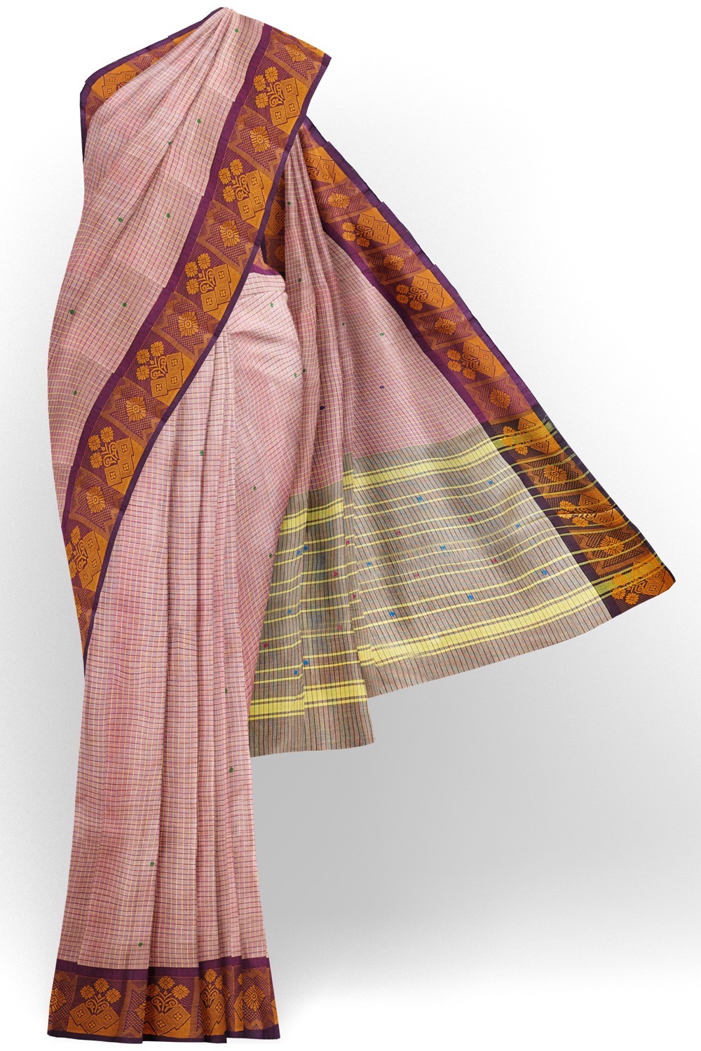 sri kumaran stores chettinad cotton saree small checked baby pink saree with purple border 120221213