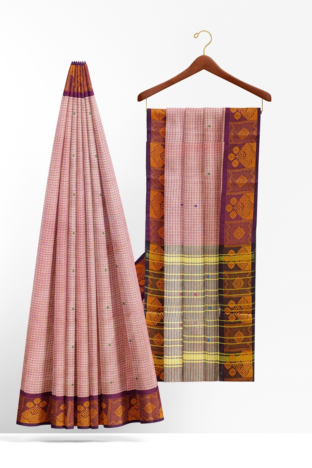 sri kumaran stores chettinad cotton saree small checked baby pink saree with purple border 220221213