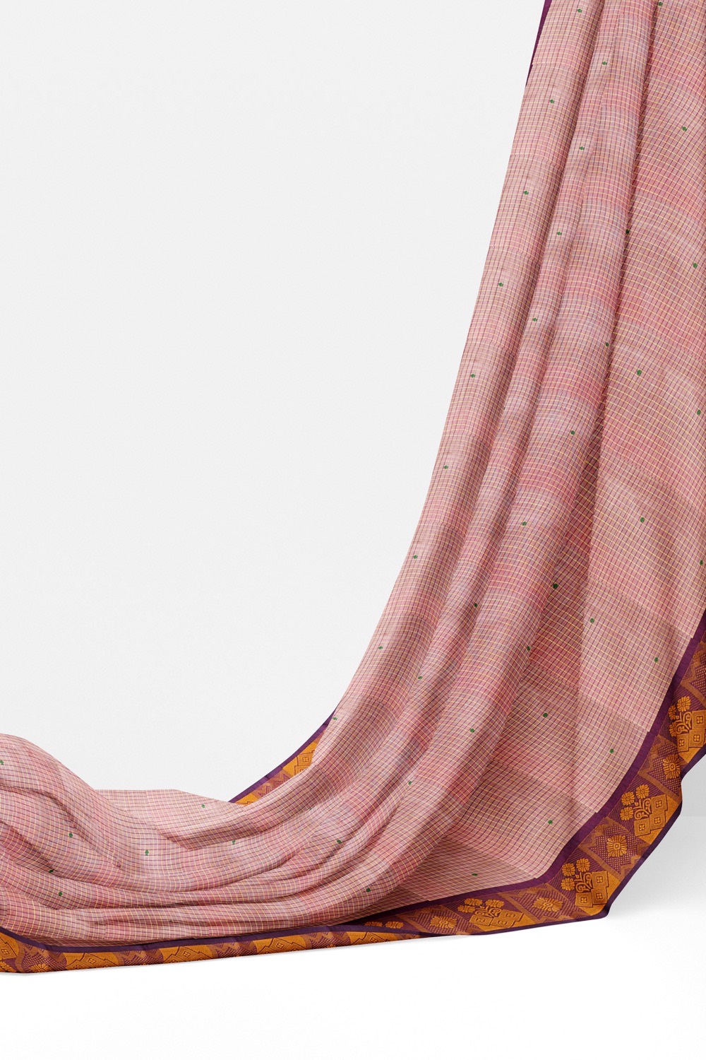 sri kumaran stores chettinad cotton saree small checked baby pink saree with purple border 320221213