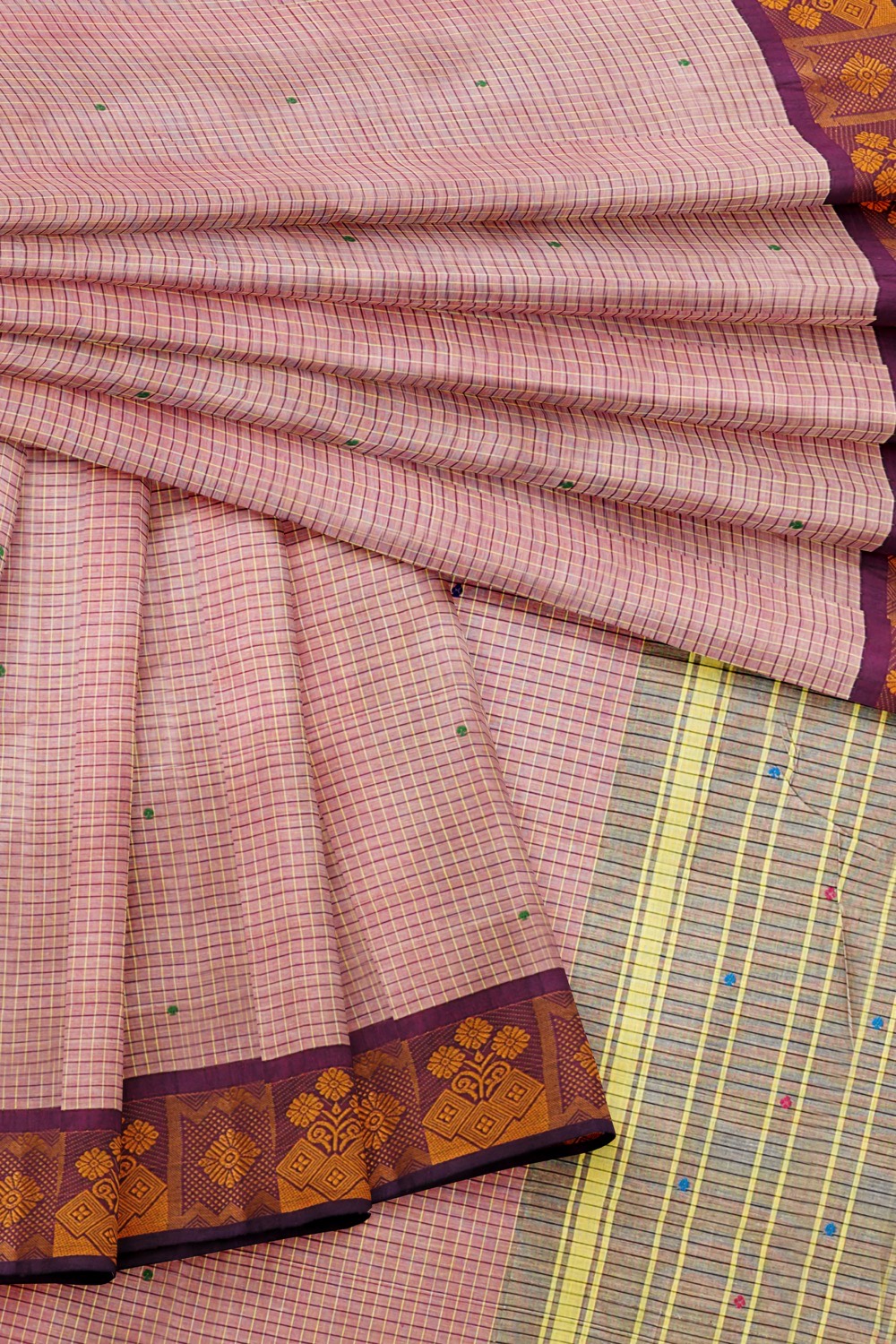 sri kumaran stores chettinad cotton saree small checked baby pink saree with purple border 420221213