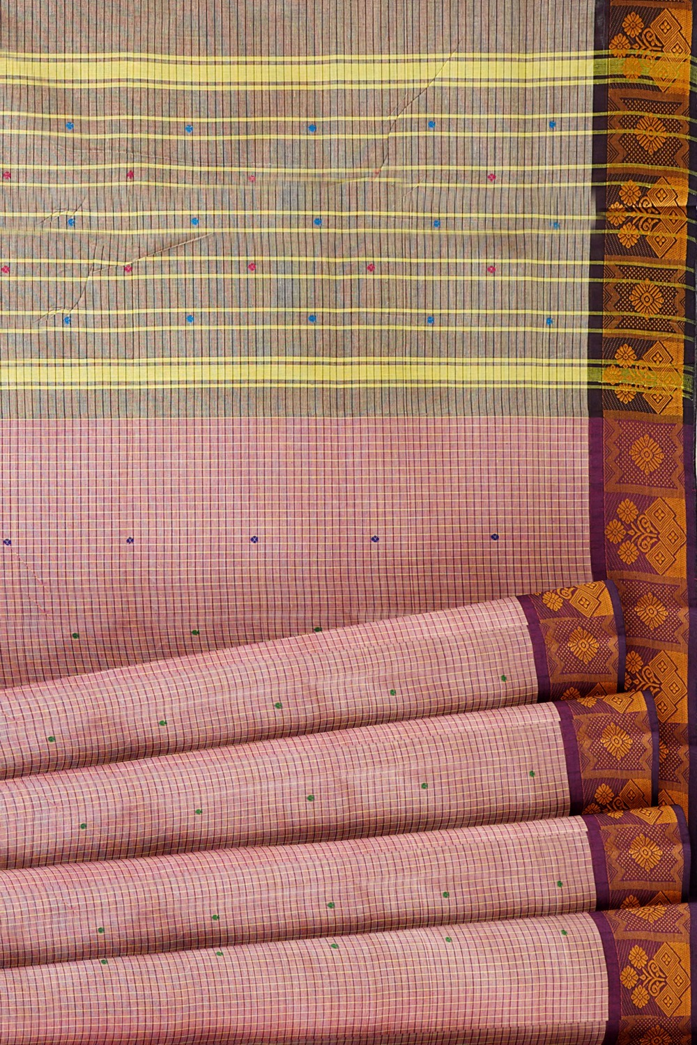 sri kumaran stores chettinad cotton saree small checked baby pink saree with purple border 520221213
