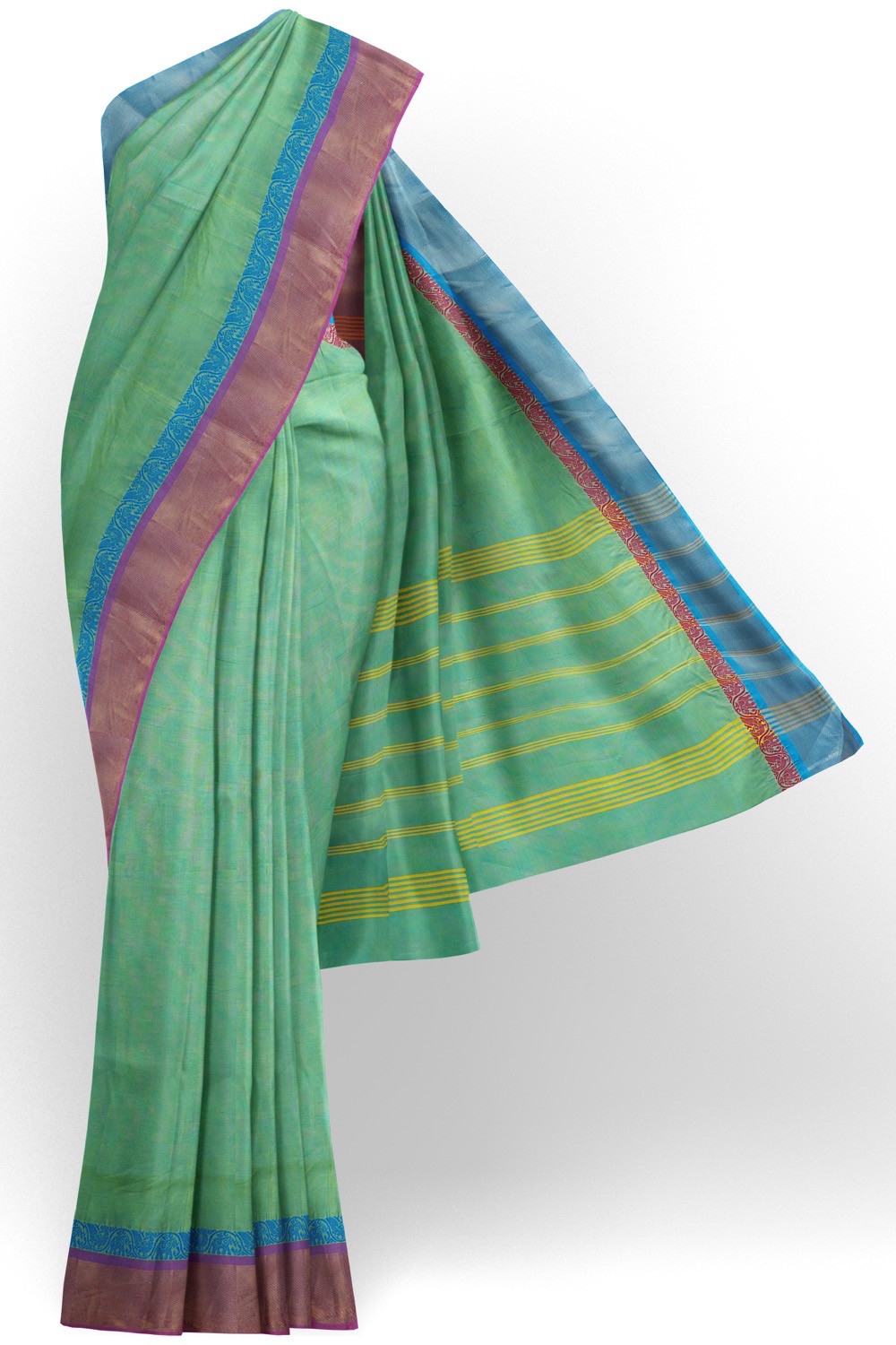 sri kumaran stores chettinad cotton saree turquoise blue saree with purple and blue border 120221213
