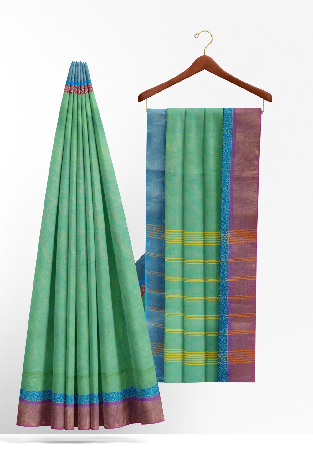 sri kumaran stores chettinad cotton saree turquoise blue saree with purple and blue border 220221213