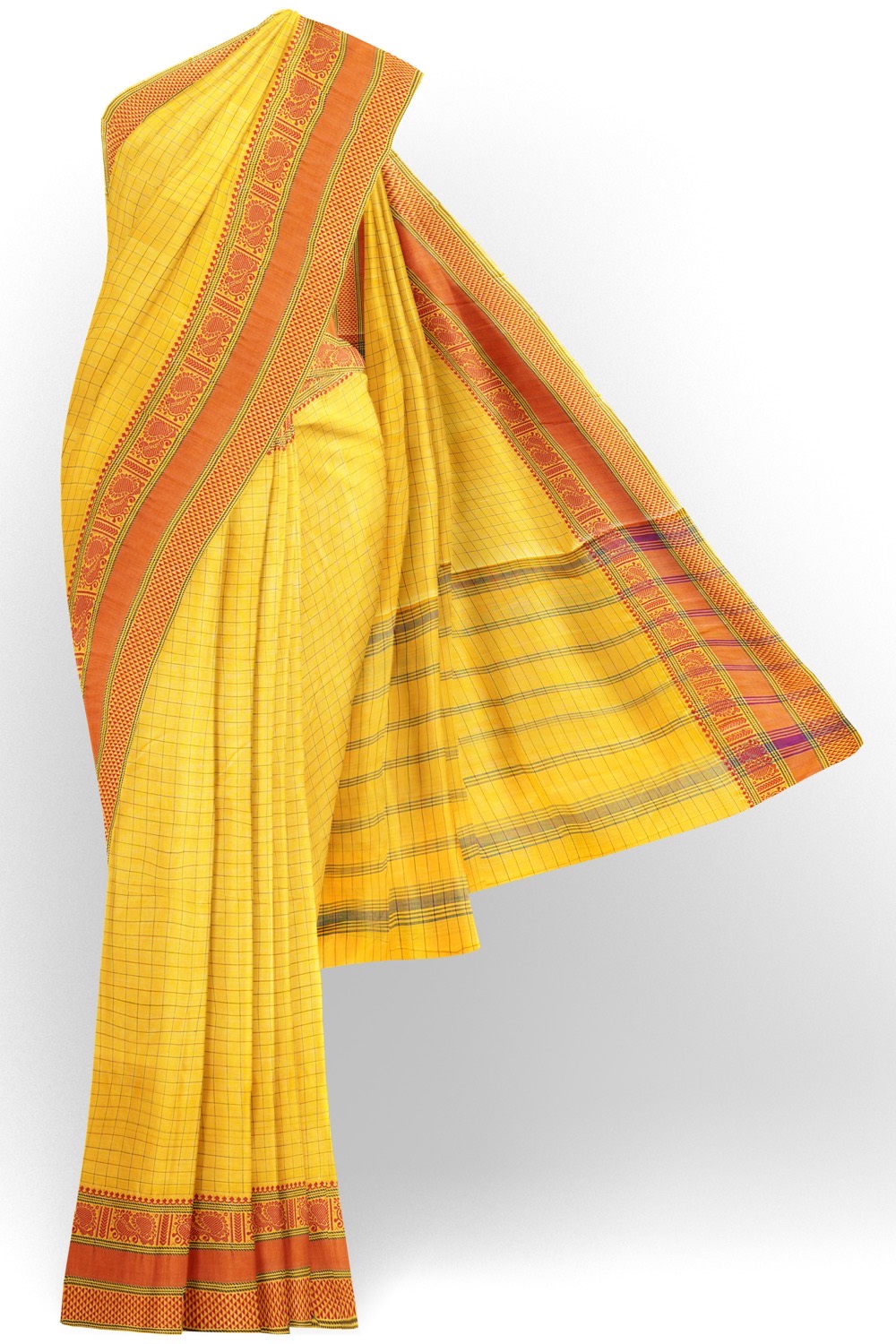 sri kumaran stores chettinad cotton saree yellow checked saree with orange border 120221213