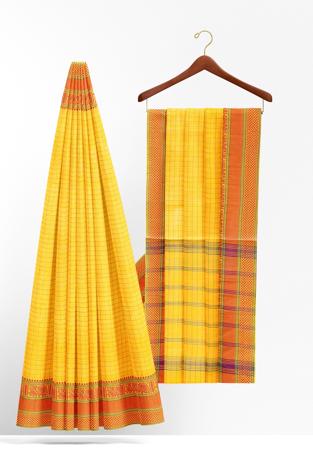 sri kumaran stores chettinad cotton saree yellow checked saree with orange border 220221213