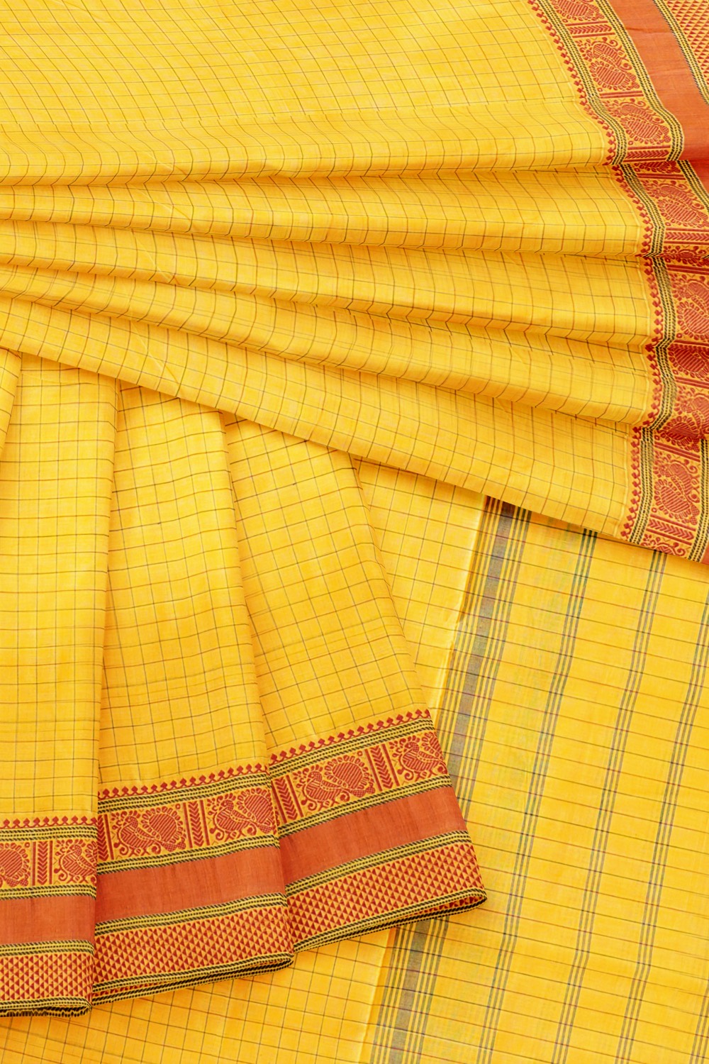 sri kumaran stores chettinad cotton saree yellow checked saree with orange border 420221213