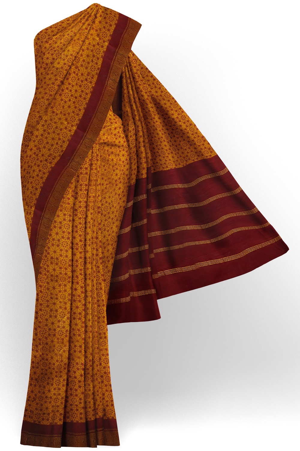 sri kumaran stores chungudi cotton saree allover design yellow saree with maroon border 120221213