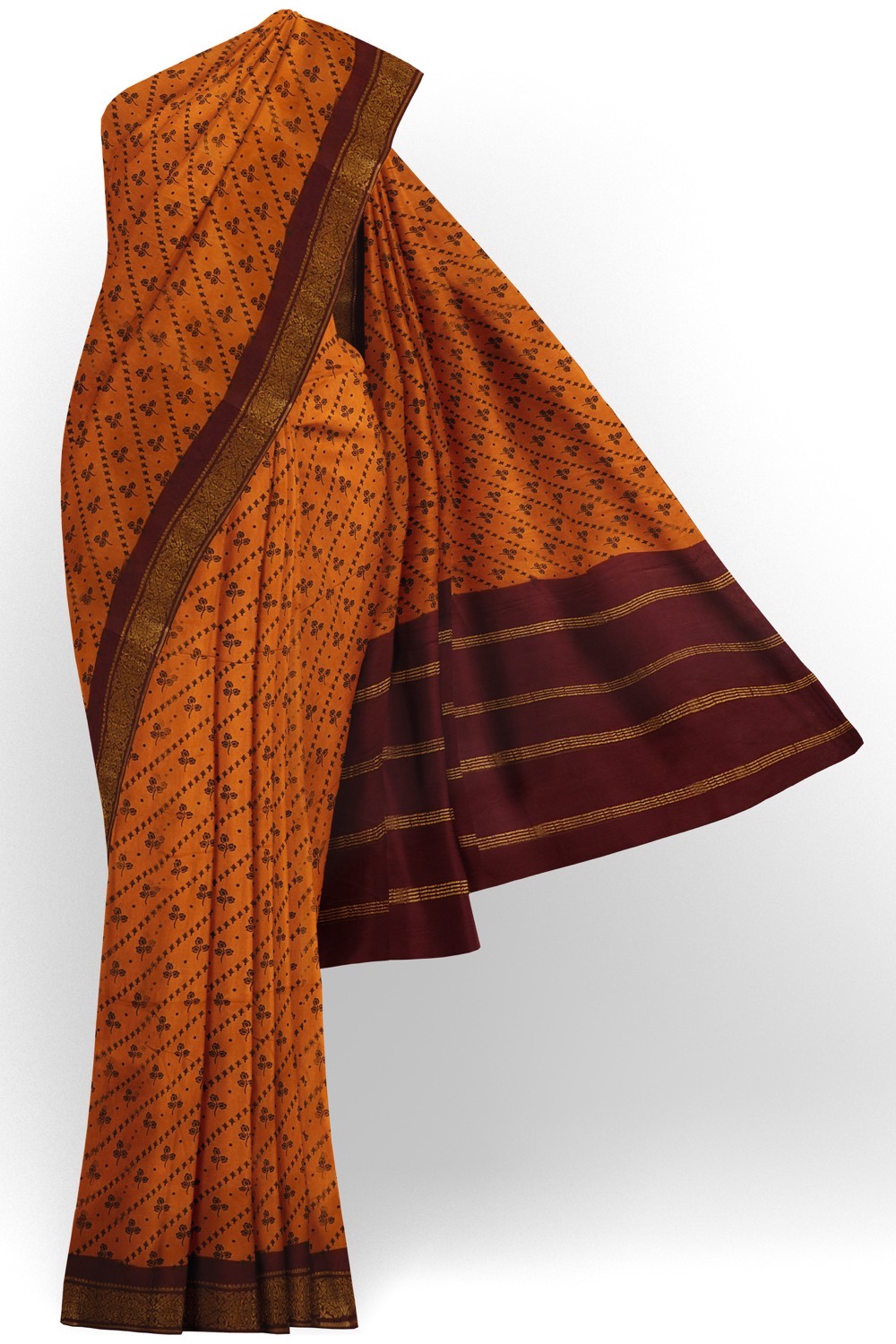 sri kumaran stores chungudi cotton saree dark yellow saree with brown border 120221213