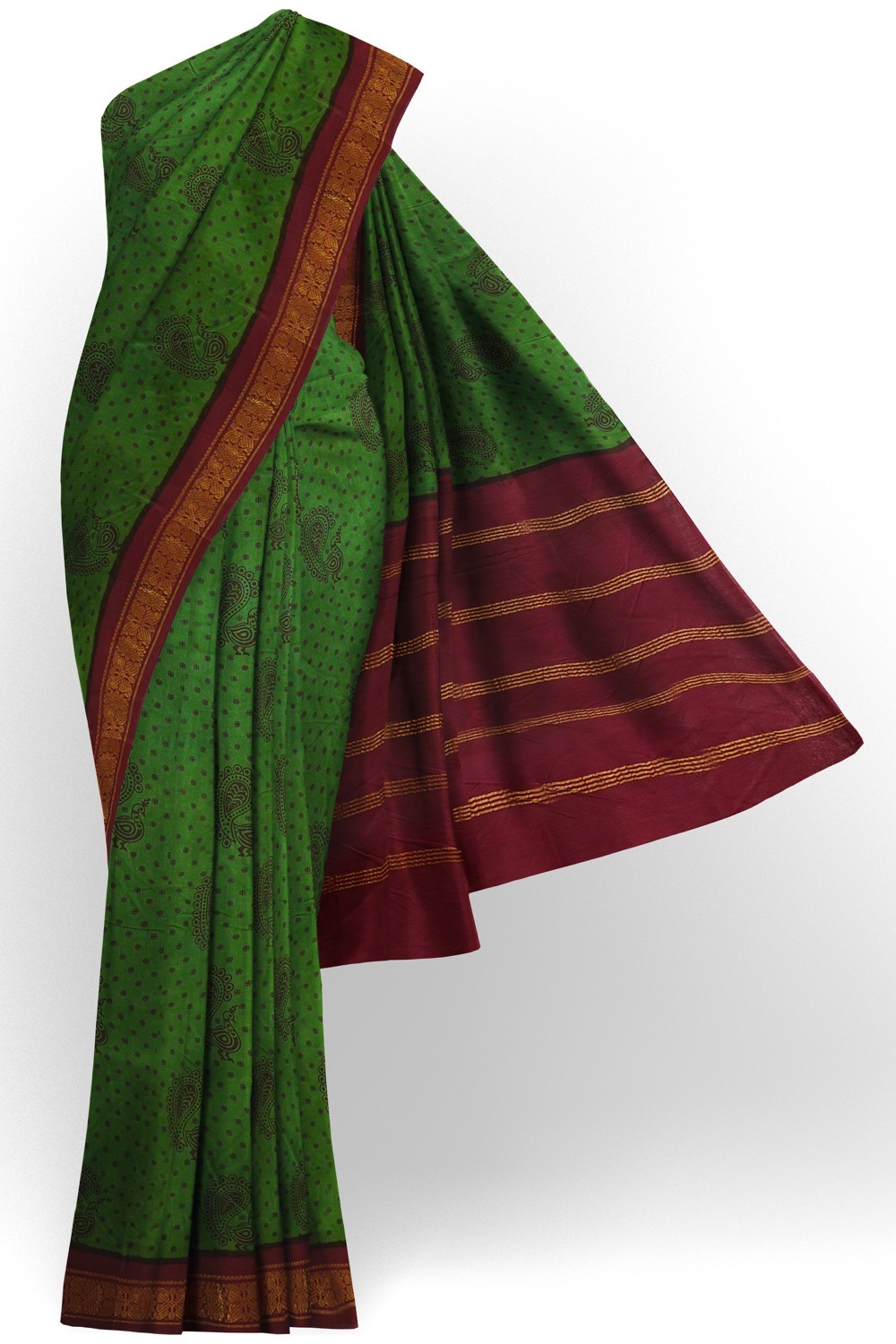 sri kumaran stores chungudi cotton saree green saree with maroon zari border 120221213