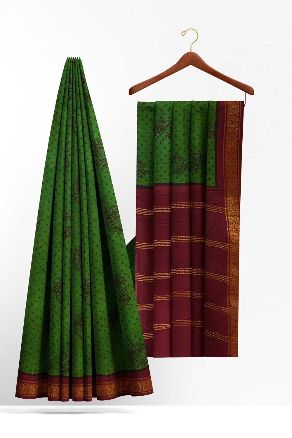 sri kumaran stores chungudi cotton saree green saree with maroon zari border 220221213