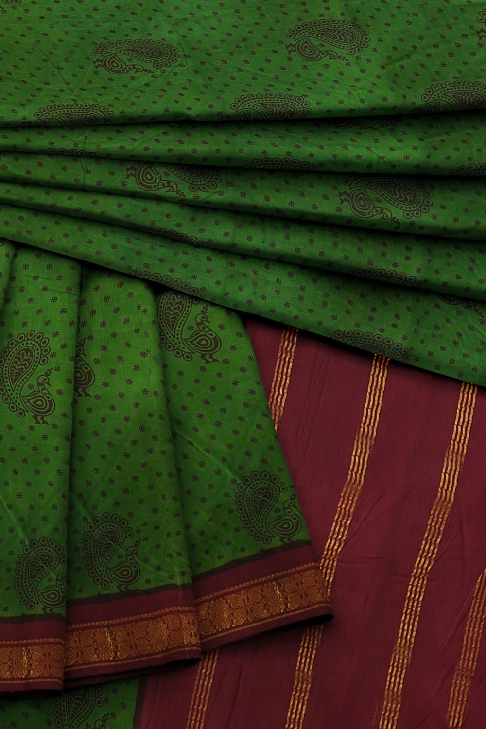sri kumaran stores chungudi cotton saree green saree with maroon zari border 420221213