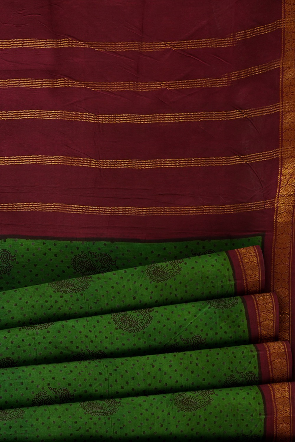 sri kumaran stores chungudi cotton saree green saree with maroon zari border 520221213