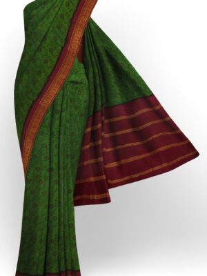 sri kumaran stores chungudi cotton saree leaf green saree with maroon border 120221213