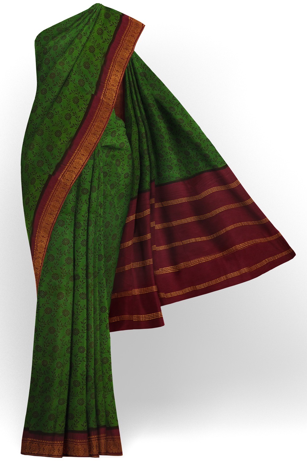 sri kumaran stores chungudi cotton saree leaf green saree with maroon border 120221213