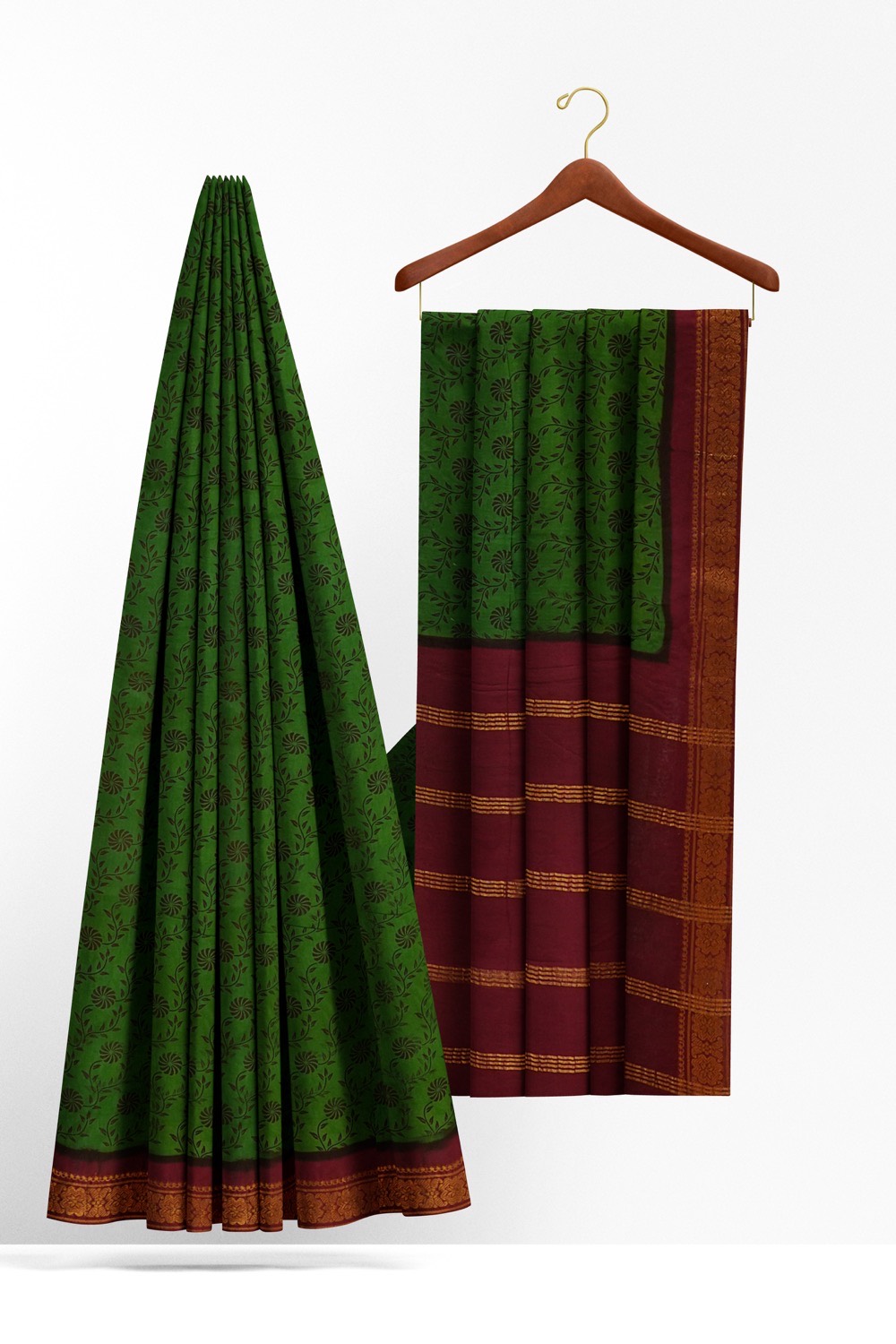 sri kumaran stores chungudi cotton saree leaf green saree with maroon border 220221213