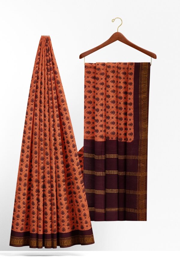 sri kumaran stores chungudi cotton saree light orange saree with brown border 220221213