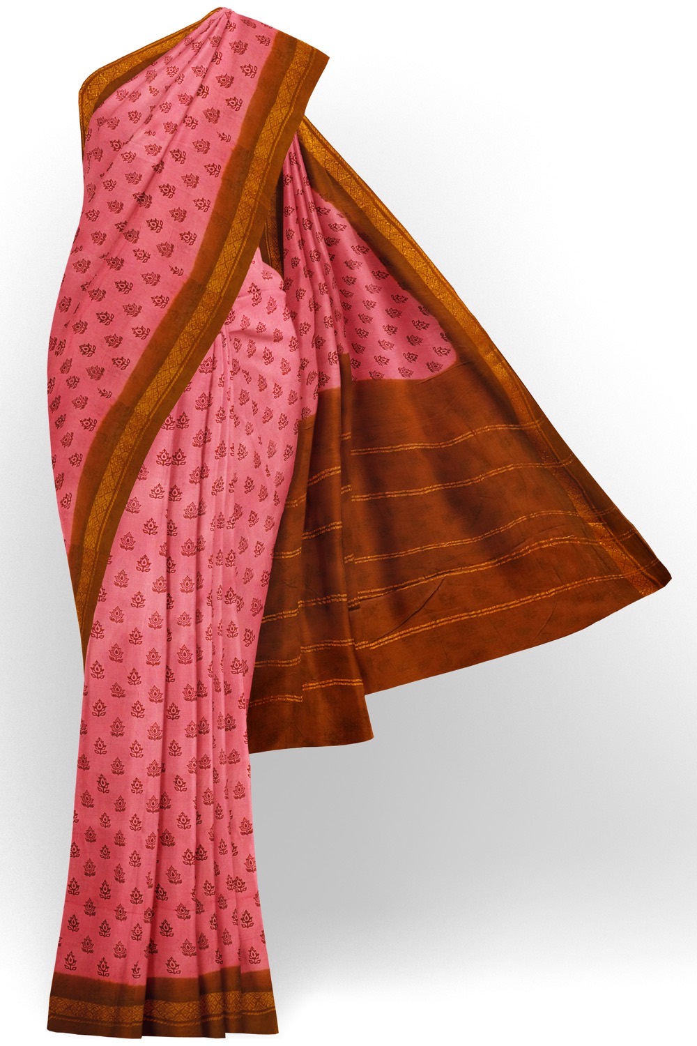 sri kumaran stores chungudi cotton saree pink saree with brown zari border 120221213