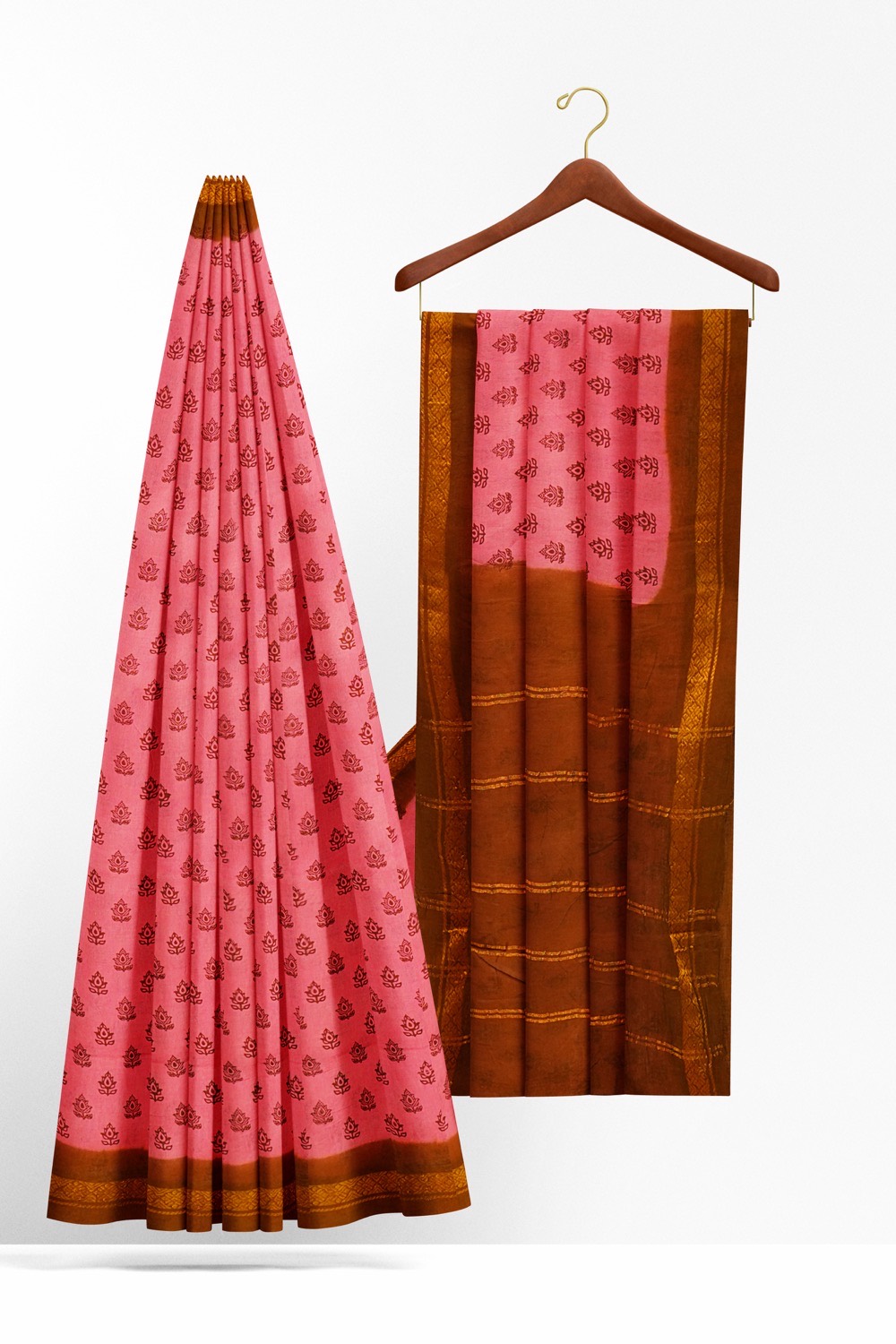 sri kumaran stores chungudi cotton saree pink saree with brown zari border 220221213