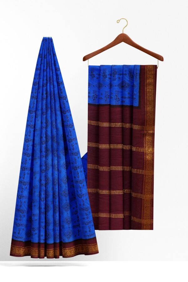 sri kumaran stores chungudi cotton saree royal blue saree with purple zari one side border 220221213